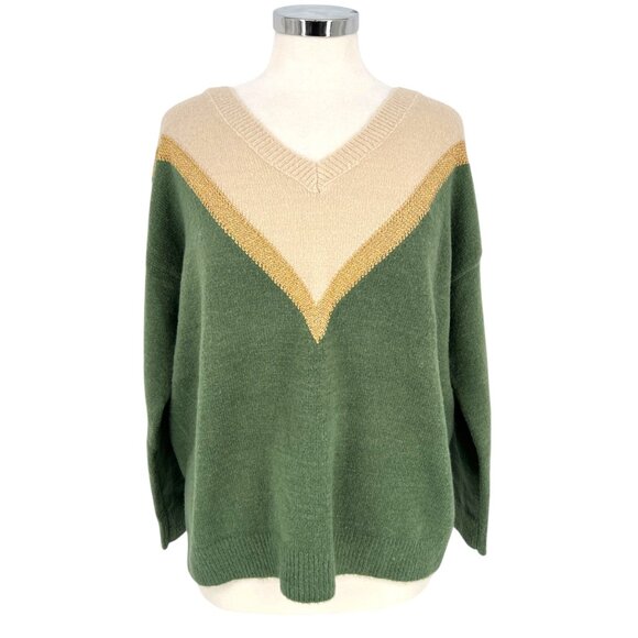 Aaron & Amber Chevron V-Neck Sweater Beige Gold Green Size Medium - Picture 1 of 12